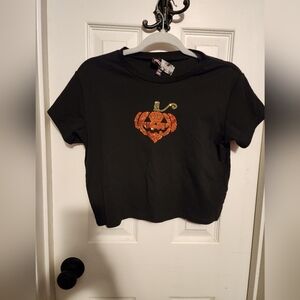 Dolls Kill Trick R Treat Sequined Pumpkin Crop Top in black, size XXL